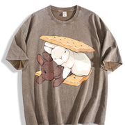 Two Rabbits Lying Blouse for & Vintage Washed T-Shirt in Brown