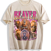 Beaver Retro Wildlife Animal Vintage Washed T-Shirt in Beige