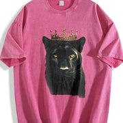 Black Wild Leopard with Crown 90s Vintage Washed T-Shirt in Red