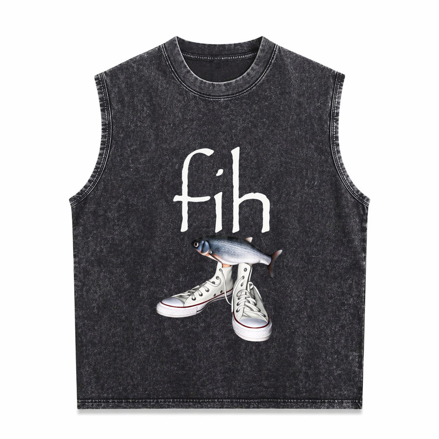 Fih Shoes Fish Misspelled Fish Meme Fih Calling Humor Vintage Washed Tank Top in Black