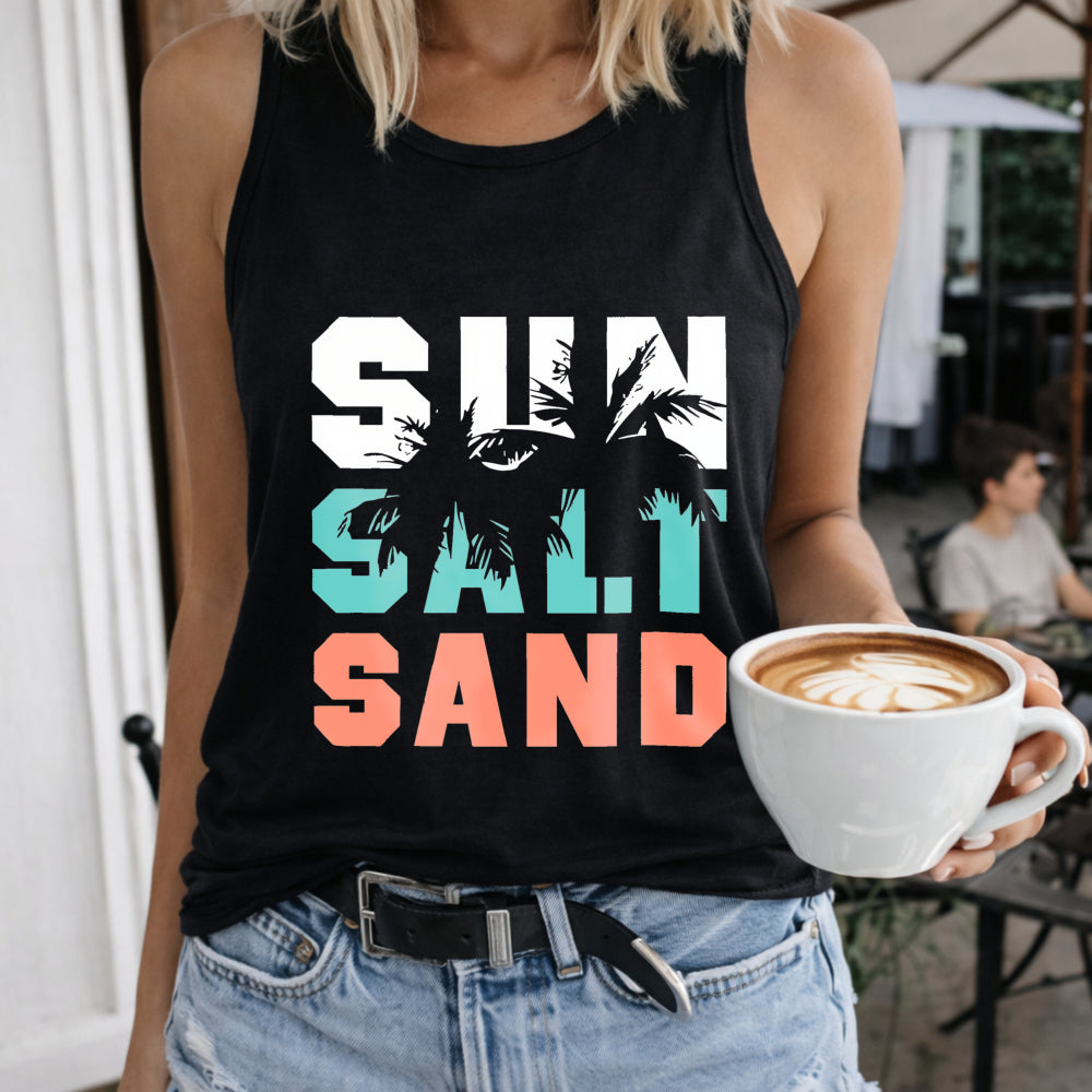 Sun Salt Sand Palm Trees Women's Color Cotton Tank Top in Black