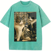 Cat Drinking Vintage Washed T-Shirt in Blue