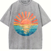 Retro Ocean Sunset Vintage Washed T-Shirt in Gray