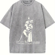 Retro Jesus Holding Dinosaur Religious Vintage Washed T-Shirt in Gray