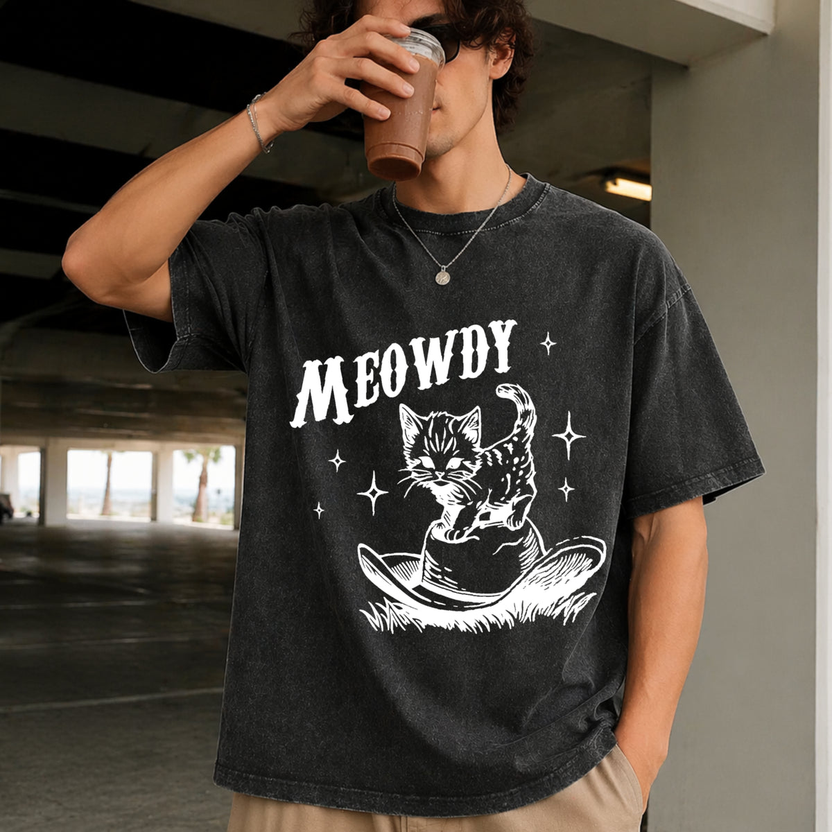 Cute Meowdy Cowboy Vintage Washed T-Shirt in Black