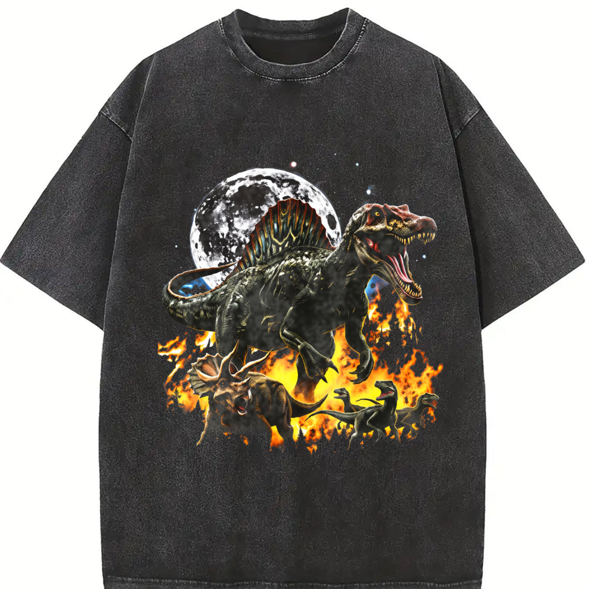 Dinosaur 90s Retro Jurassic Spinosaurus Vintage Washed T-Shirt in Black