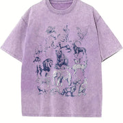 Wild Animals Retro Animal Drawing Vintage Washed T-Shirt in Purple