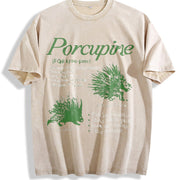 Porcupine 90s Retro Animal Facts Info Vintage Washed T-Shirt in Beige