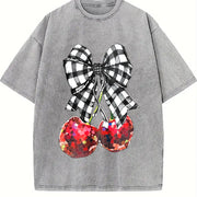 Blouse-compatible Cherry & Bow Vintage Washed T-Shirt in Gray