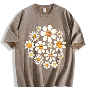 Retro Flowers Daisy Flower Vintage Washed T-Shirt in Brown