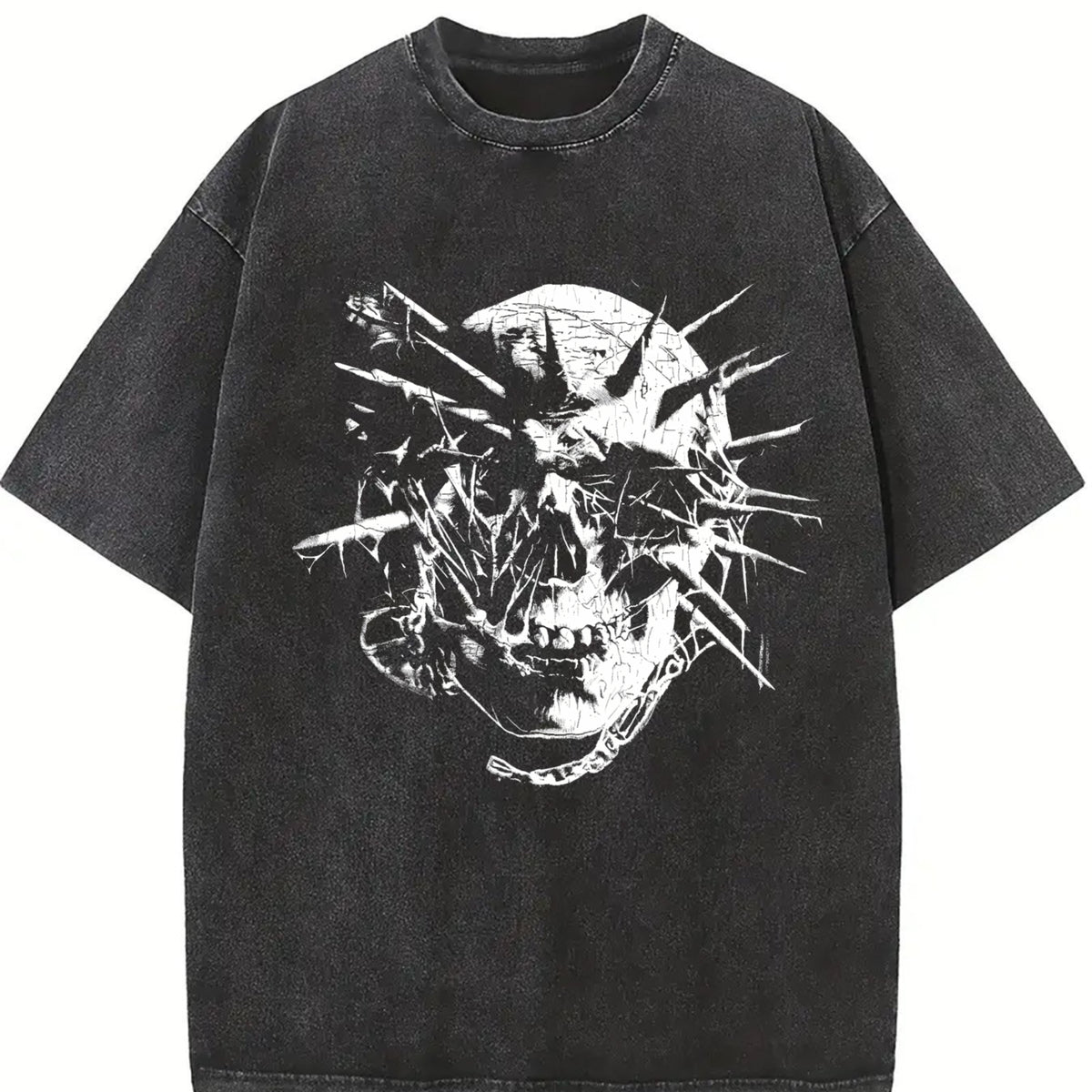 Distressed Shattered Thorned Skull Sleeveless Tank Vintage Washed T-Shirt in Black