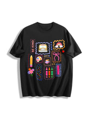 Teacher Colorful Doodle Back to School Cotton T-Shirt in Black