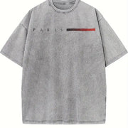 Paris Flag Blend Soft Breathable Trendy Letter for and vintage washed oversized T-shirt in Gray