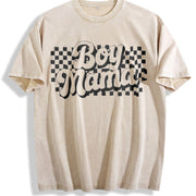 Boy Mama Retro Checkers Vintage Washed T-Shirt in Beige