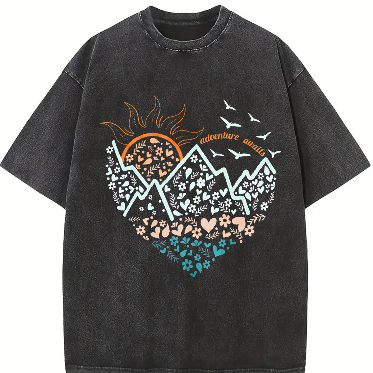 Heart-shaped Sea Sunlight Retro Sports Luokeren Special Vintage Washed T-Shirt in Black