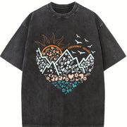 Heart-shaped Sea Sunlight Retro Sports Luokeren Special Vintage Washed T-Shirt in Black
