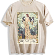 Cat Tarot Card Cat Lover Vintage Washed T-Shirt in Beige