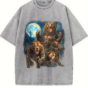 Roaring Grizzly Bears Moon Vintage Washed T-Shirt in Gray