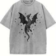 A Scale-patterned Black Dragon Round-neck Short-sleeve. Vintage Washed T-Shirt in Gray