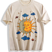 Retro Sun Moon Celestial Vintage Washed T-Shirt in Beige