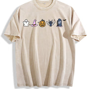 Halloween Icons Embroidered Vintage Washed T-Shirt in Beige