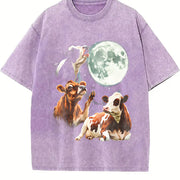 Cow Howling at Moon 90s Vintage Washed T-Shirt in Purple