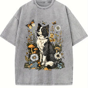 Dog Short-sleeve Blouse with Cute Puppy & Canine Patterns Vintage Washed T-Shirt in Gray