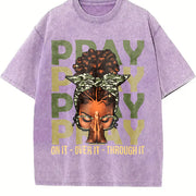 Pray on It Pray Over It Black Woman Afro Christian Sayings Vintage Washed T-Shirt in Purple