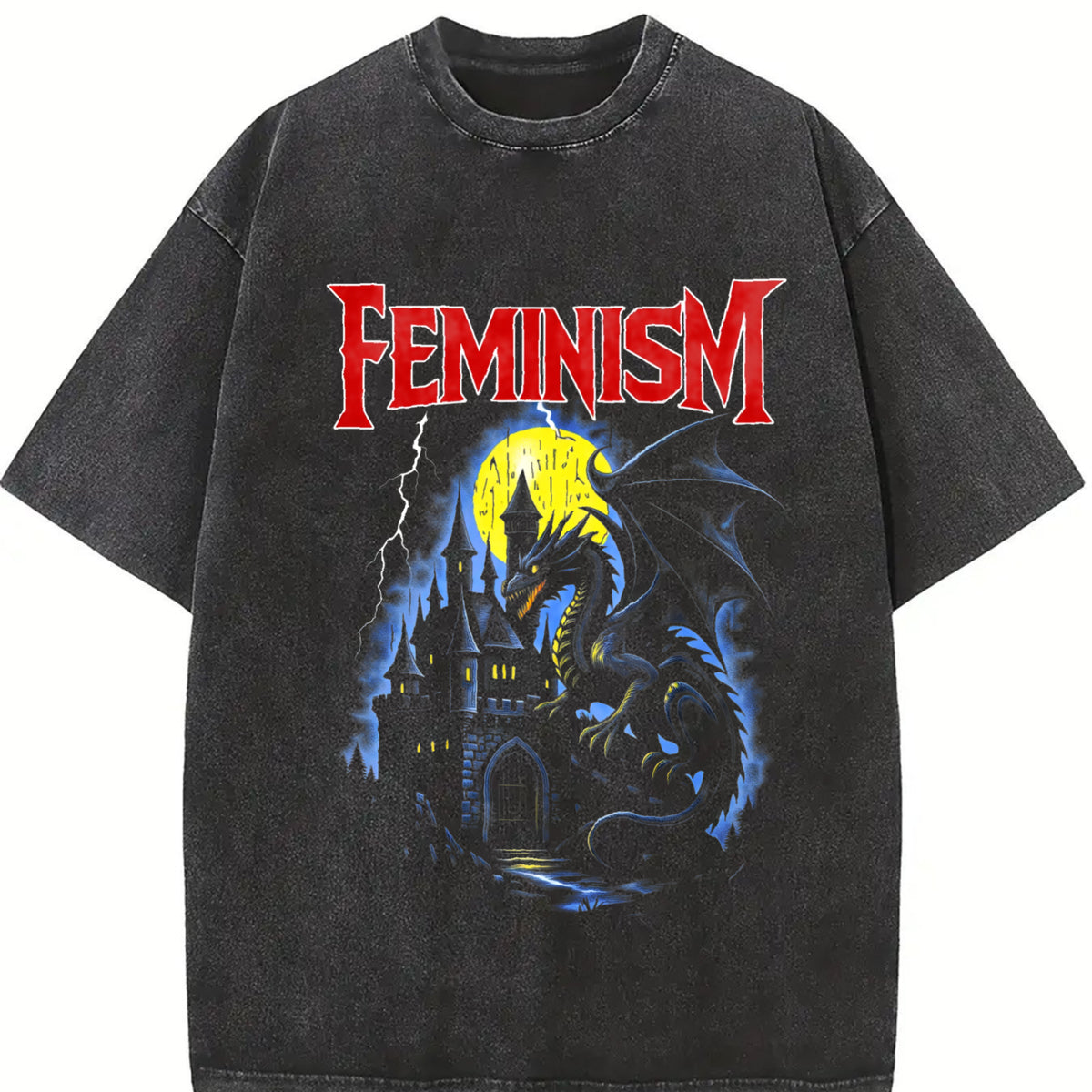 Feminism Dragon Fantasy Vintage Washed T-Shirt in Black