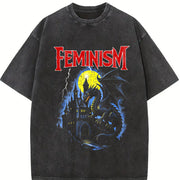 Feminism Dragon Fantasy Vintage Washed T-Shirt in Black