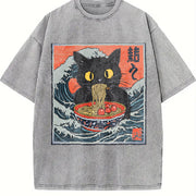Retro Cat Eating Ramen 90s Vintage Washed T-Shirt in Gray