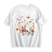 2024 Halloween Playful Ghosts with Crowns & Floral Bats Cotton T-Shirt in White