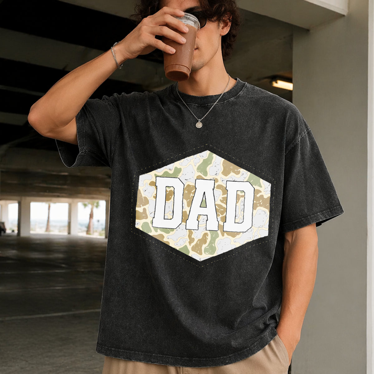 Camouflage Dad Retro Varsity Dad Vintage Washed T-Shirt in Black