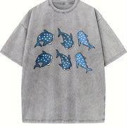 Whale Shark Embroidered Vintage Washed T-Shirt in Gray