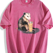 Opossum Drinking Iced Coffee Vintage Washed T-Shirt in Red