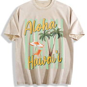 Aloha Hawaii Tropical Beach Retro Vintage Washed T-Shirt in Beige