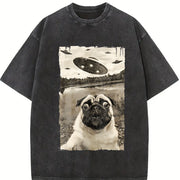 Pug UFO Encounters - UFO and Pug Selfie vintage washed oversized T-shirt in Black