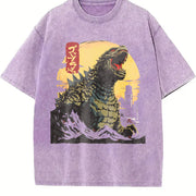 Godzillaed Japanese Monster Wave Classic O Neck Hip Hop vintage washed oversized T-shirt in Purple