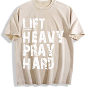 Lift Heavy Pray Hard Christian Gym vintage washed oversized T-shirt in Beige
