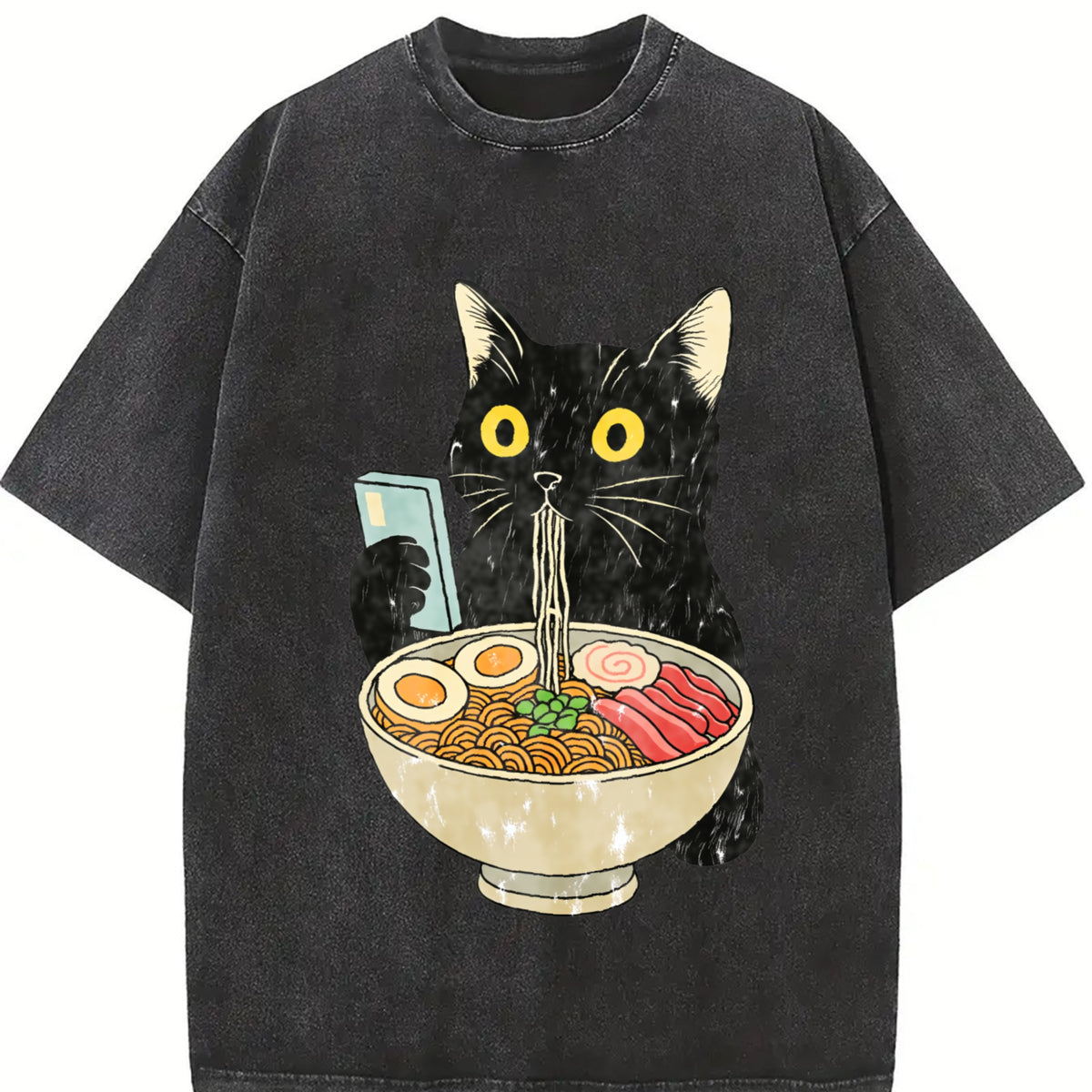 Cat Rahmen Cat Eating Ramen Vintage Washed T-Shirt in Black