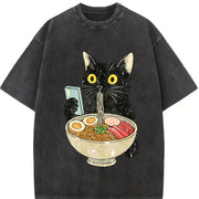 Cat Rahmen Cat Eating Ramen Vintage Washed T-Shirt in Black