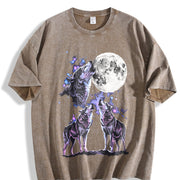 Three Wolf Retro Wolves Howling Moon Vintage Washed T-Shirt in Brown