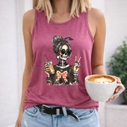Skeleton with Coffee and Bow Crew-neck Sleeveless Vest Women's Color Cotton Tank Top in Red