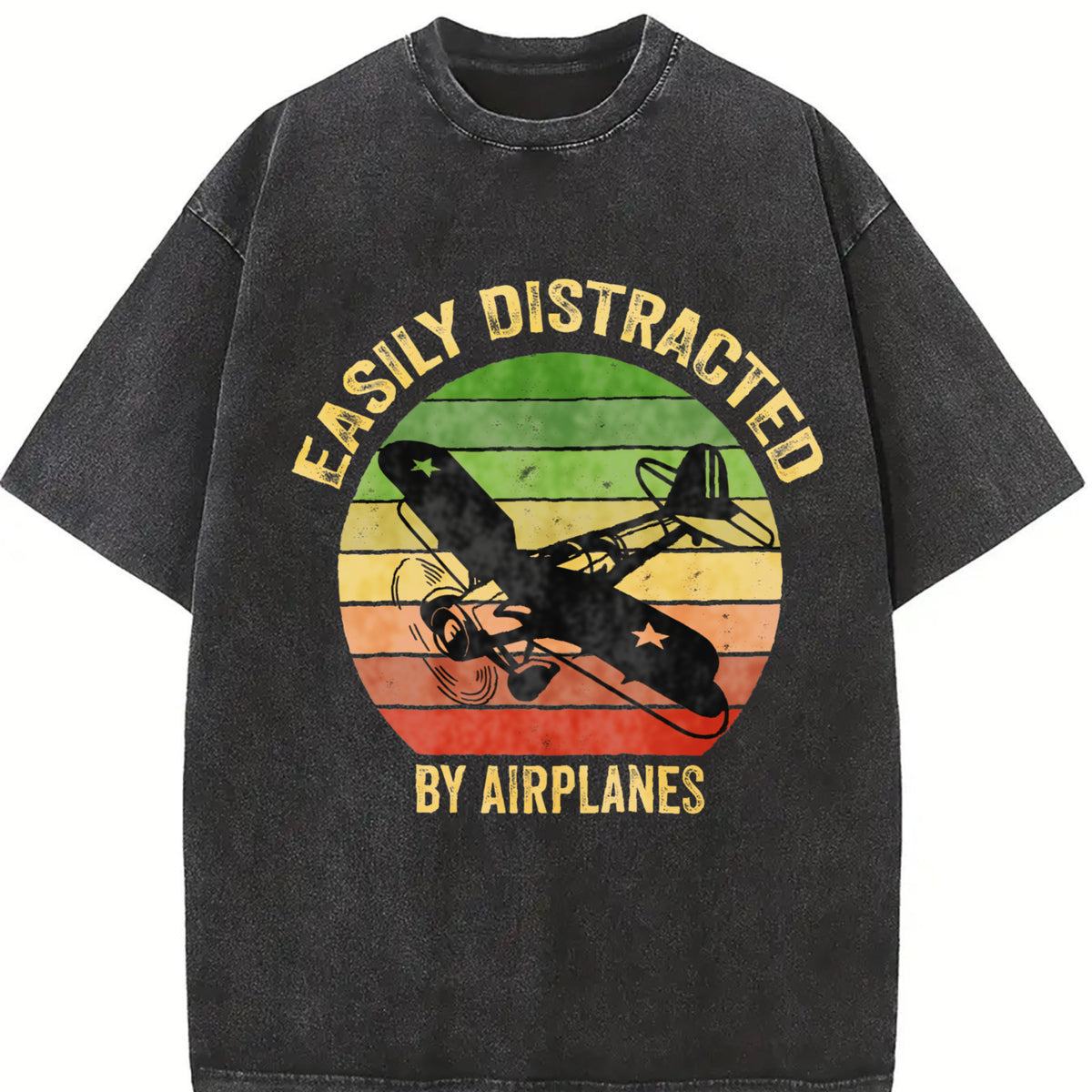 Easily Distracted by Airplanes Vintage Washed T-Shirt in Black