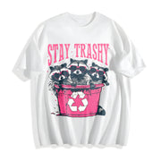 Stay Trashy Black with Pink Raccoon & Bin Cotton T-Shirt in White