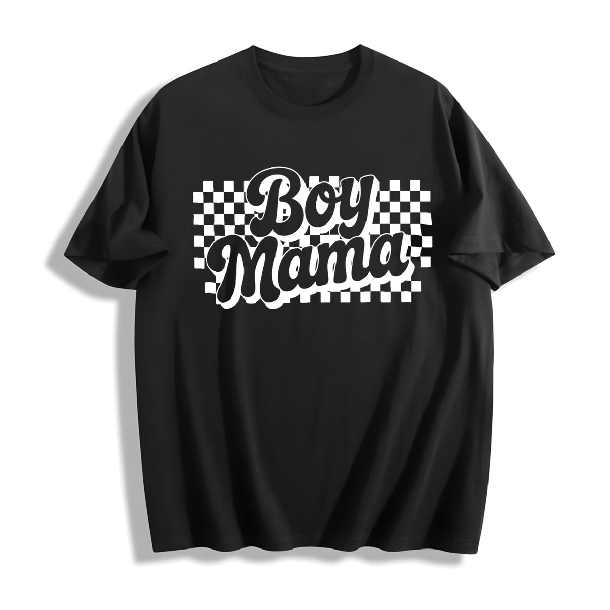 Boy Mama Retro Checkers Cotton T-Shirt in Black