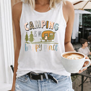 Camping Is My Happy Place Women's Color Cotton Tank Top in White