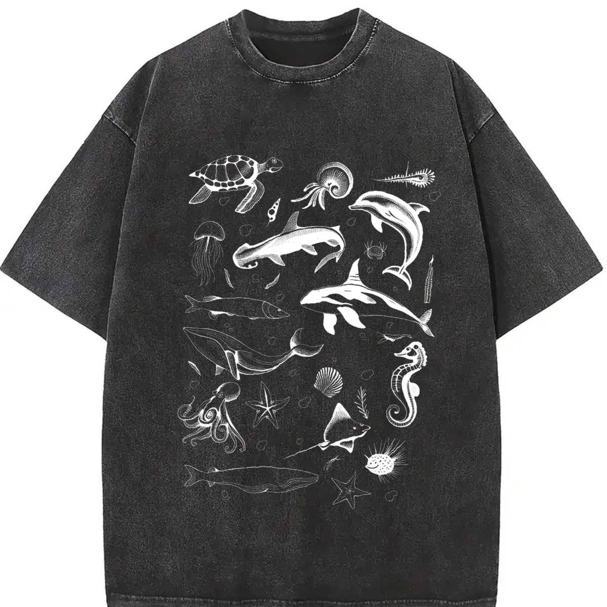 Loose-fitting for a 90S Retro Marine Life with Whales Vintage Washed T-Shirt in Black