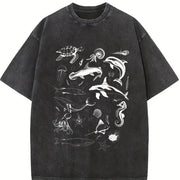 Loose-fitting for a 90S Retro Marine Life with Whales Vintage Washed T-Shirt in Black