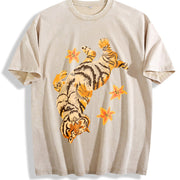 Pure with Tiger Short Sleeved and Slightly Elastic Vintage Washed T-Shirt in Beige